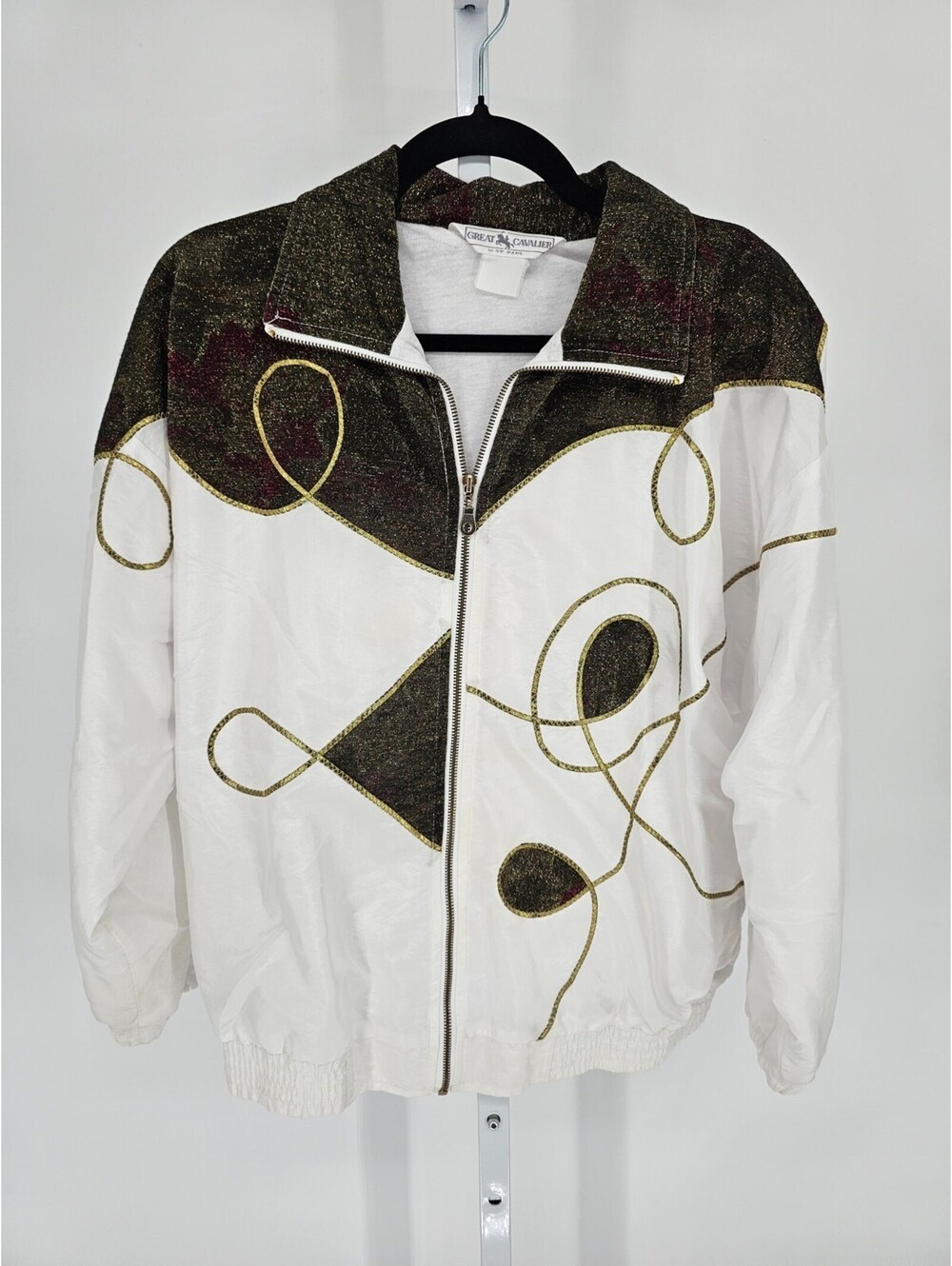Vintage 1980s Womens Sz L Track Jacket by Great Cavalier White w/ Gold Detail